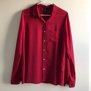 Forever 21 Red Sheer Button Up Long Sleeve Blouse